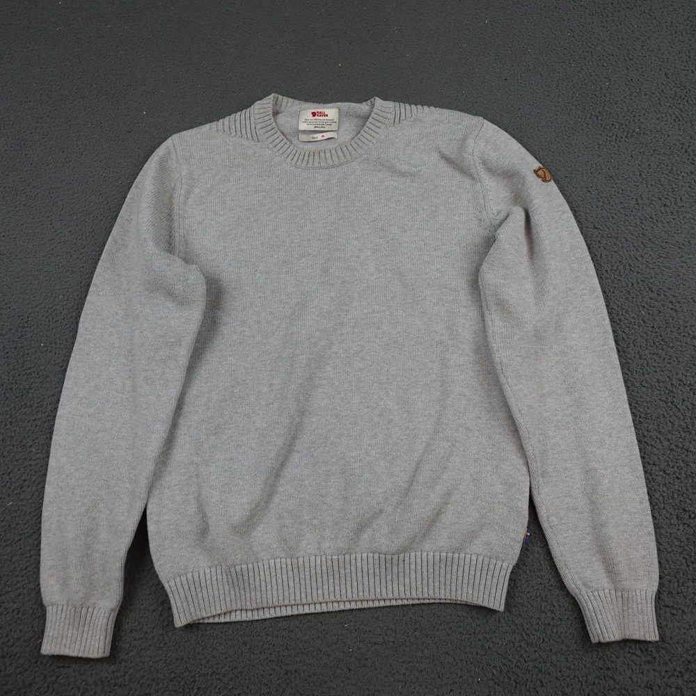 Fjallraven Ovik Knit Sweater Mens Medium Gray Wool Crew Logo Pullover Outdoor